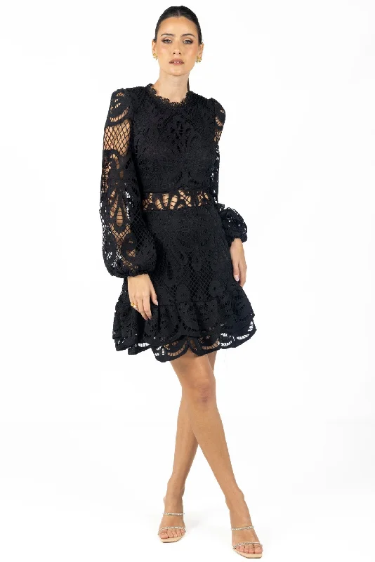 holiday mini dress-Miranda Black Lace Mini Dress