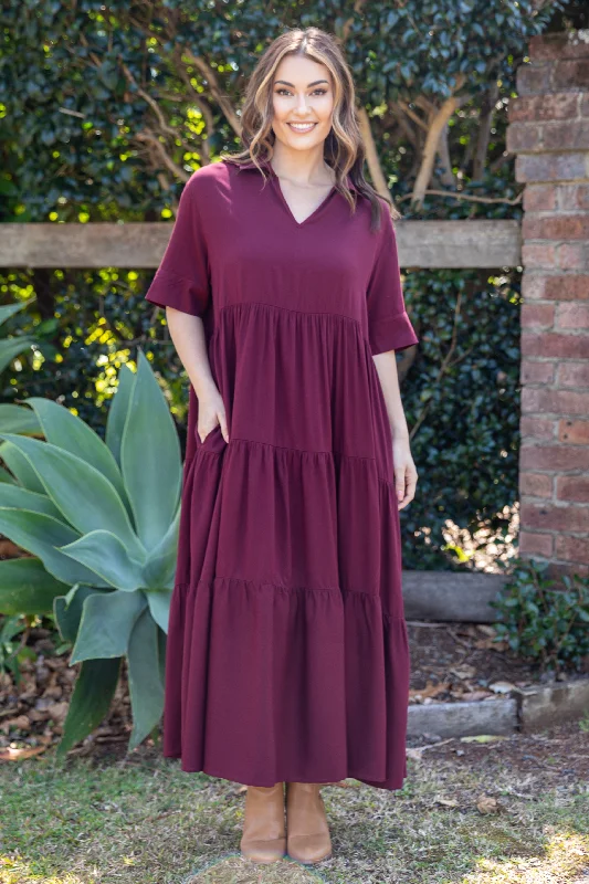 bishop sleeve maxi dress-Serenity Ruffle Maxi Dress | Burgundy | FINAL SALE