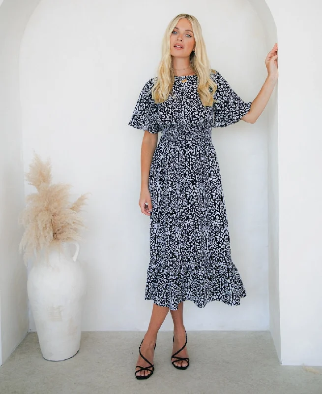 floral print jersey midi dress-Black Animal Smock Waisted Midi Dress