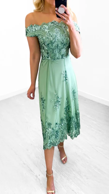 cocktail dress with sleeves-4-A1345HH Moster Sage Bardot Hi Lo Dress