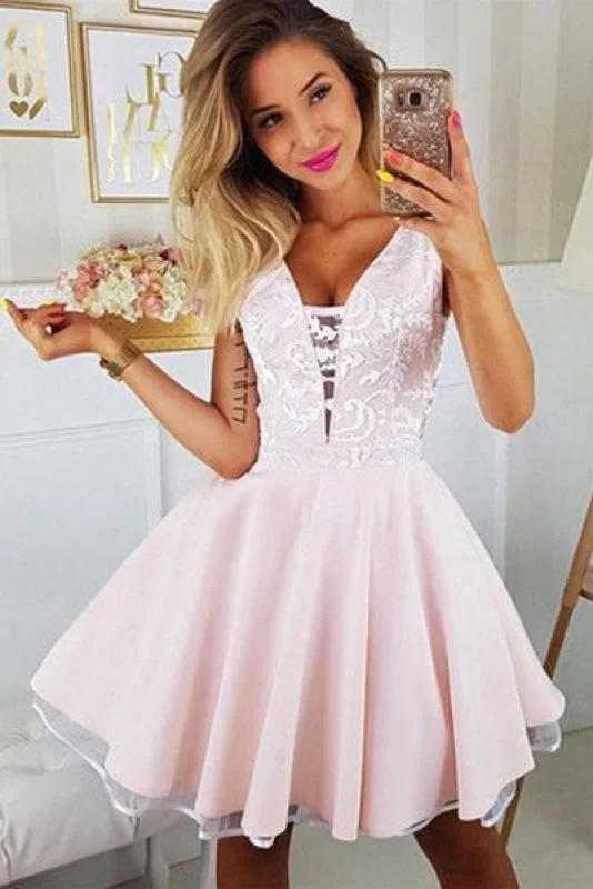 ball gown evening dress-A-line Deep V-neck Sexy Appliques Sleeveless Short Junior Homecoming Dresses