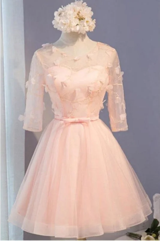 modest evening gown-A Line Half Sleeves Knee Length Tulle Dress with Flowers Short Prom Dresses