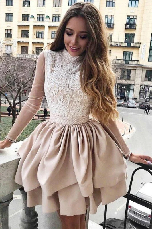 evening dress with appliqués-A Line High Neck Two Tiers Appliques Long Sleeves Short Homecoming Dress