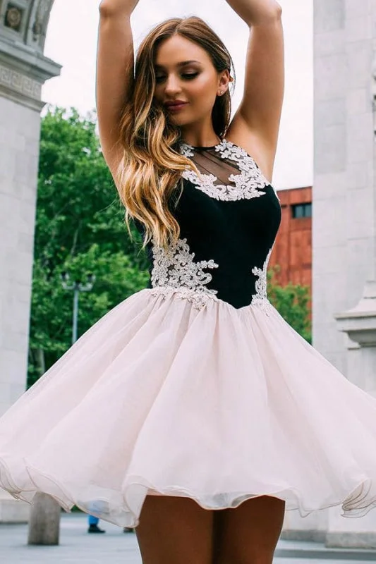 evening dress with ruffles-A-Line Jewel Pearl Pink Chiffon Homecoming Dress with Lace Mini Sweet 16 Dresses