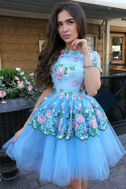 evening dress with train-A-Line Jewel Short Sleeves Blue Tulle Above Knee Homecoming Dress with Lace Flowers