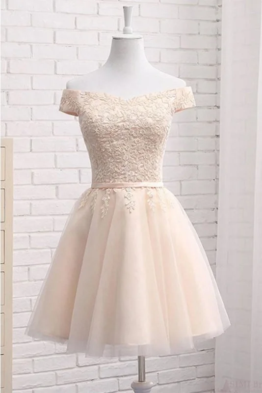 floor-length evening dress-A Line Off Shoulder Tulle Short Homecoming with Appliques Mini Sweet 16 Dress