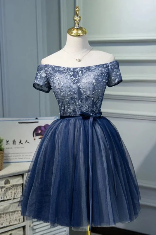 high-low evening dress-A Line Off the Shoulder Tulle Prom Belt Cute Graduation Dress with Applique