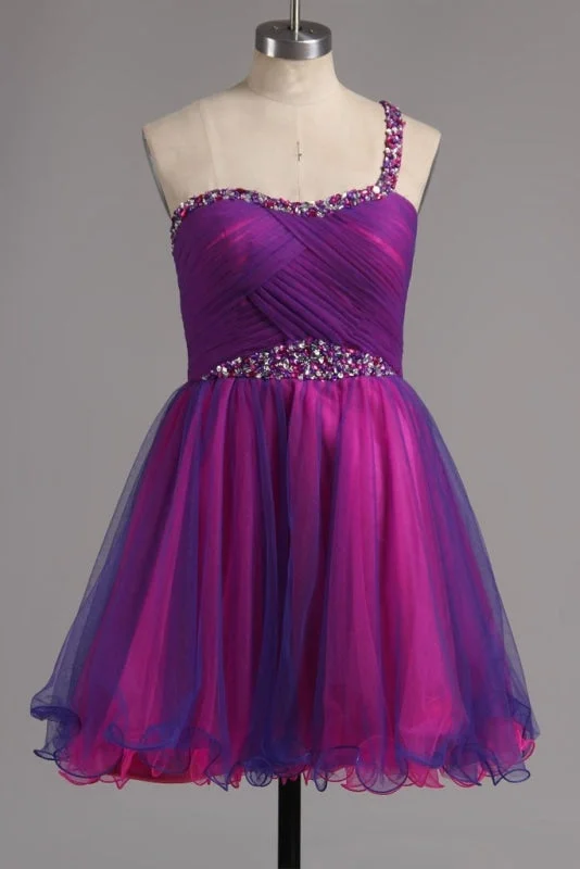 illusion neckline evening dress-A-line One Shoulder Tulle Short Ruffles Homecoming Dresses with Beads