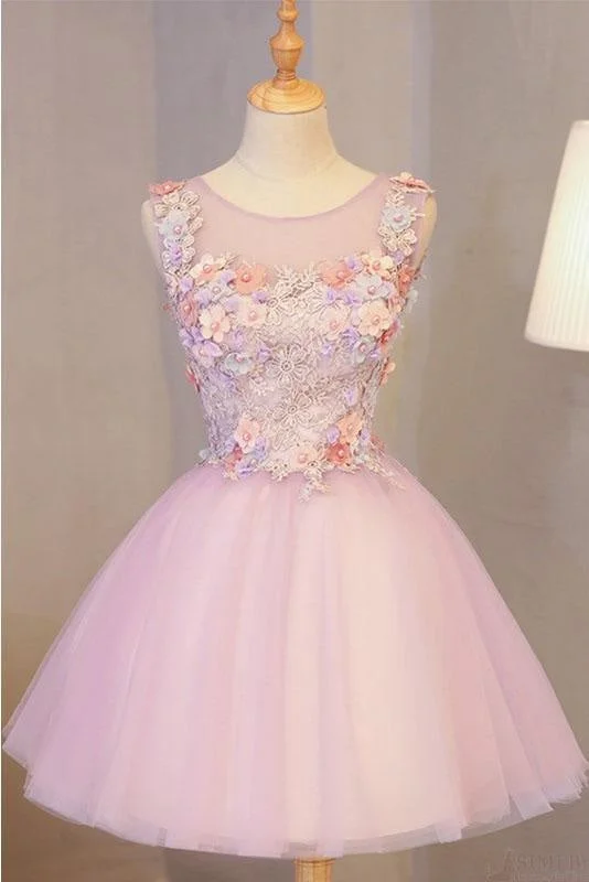 velvet long evening dress-A Line Pink Tulle Homecoming Flowers Short Prom Dress with Beads