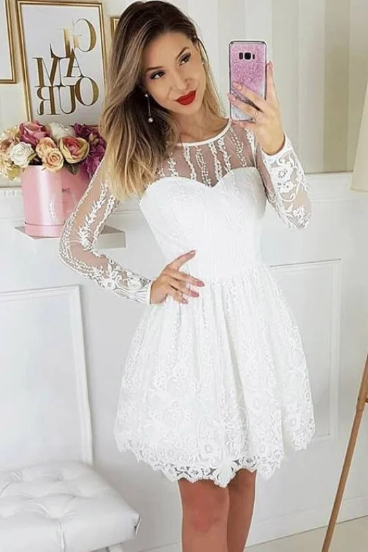 vintage lace evening dress-A-Line Round Neck Long Sleeves White Lace Homecoming Party Short Dress