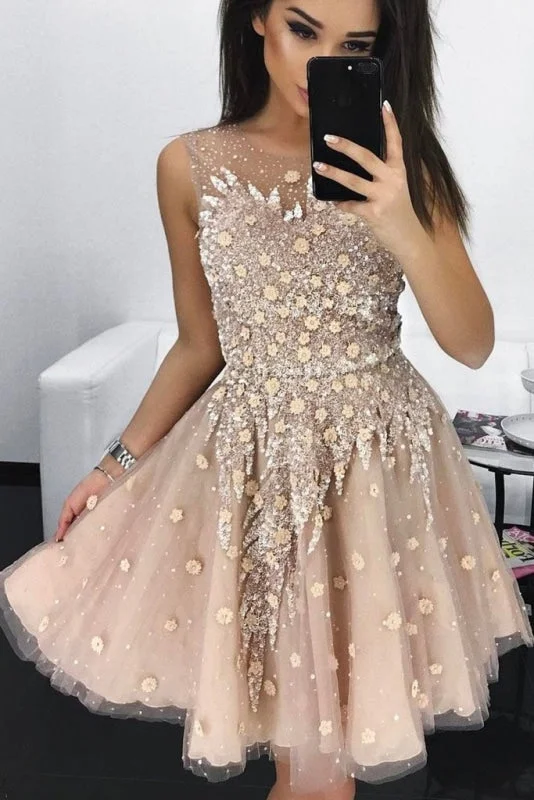 elegant peplum evening dress-A Line Round Neck Tulle Beading Homecoming Dresses Applique Short Graduation Dress