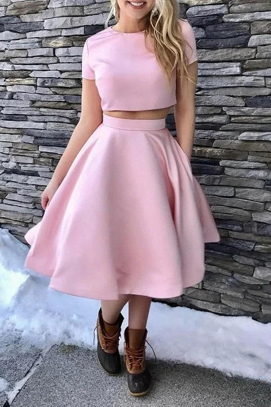 evening dress with keyhole-A-Line Short Sleeves Tea-Length Homecoming Dress Two Piece Satin Prom Dresses