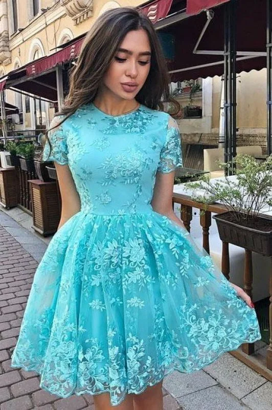 empire waist evening dress-A Line Sleeve Lace Homecoming Charming Prom Dress with Short Sleeves