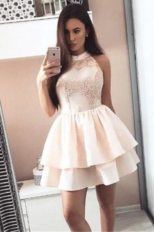 evening dress with cape-A Line Sleeveless Mini Homecoming Dresses Short Two Layers Prom Dress with Appliques