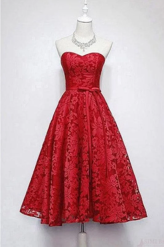 vintage-inspired evening dress-A Line Sweetheart Ankle Length Homecoming Dress Cheap Lace Prom Dresses