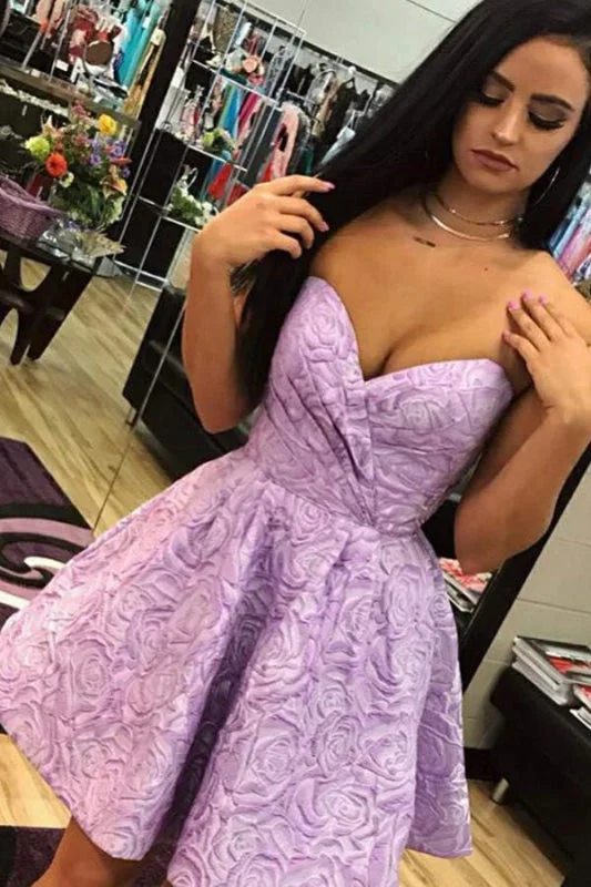 beaded evening dress-A-Line Sweetheart Short Lilac Printed Homecoming with Ruched Sexy Prom Dress