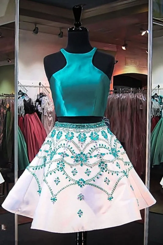 evening dress with shawl-A Line Two Piece Turquoise Homecoming with Beading Formal Short Prom Dresses