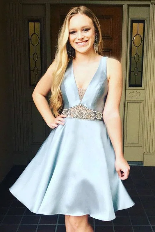 tulle evening gown-A-Line V-neck Light Blue Satin Homecoming with Beading Sexy Short Prom Dress