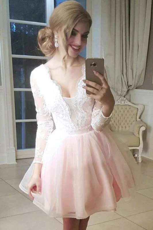 spaghetti strap evening dress-A-Line V-Neck Low Cut Lace Tulle Pink Homecoming Party Dress with Long Sleeves