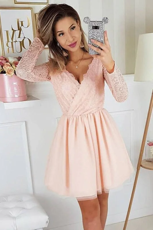 sweetheart neckline evening dress-A-Line V-Neck Pink Long Sleeves Tulle Homecoming Dress with Lace