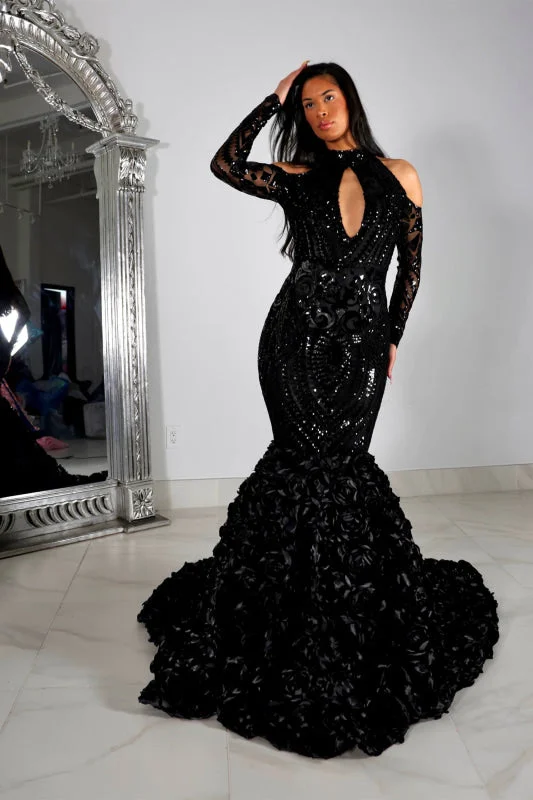 evening dress with lace appliqué-Black Half-Sleeve Halter Mermaid Prom Dress with Floral Appliques