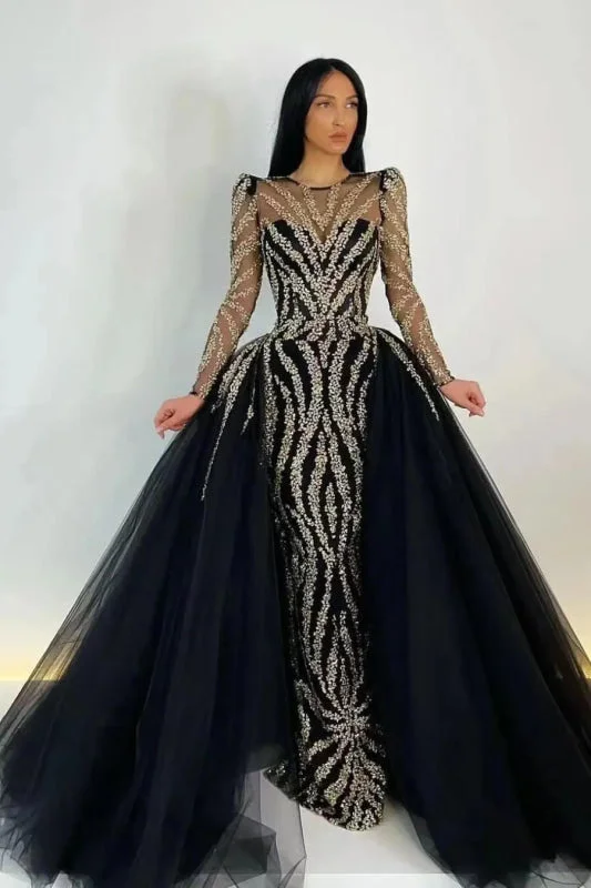 floor-length evening dress-Black Long Sleeve Appliqued Mermaid Prom Dress with Detachable Ruffles