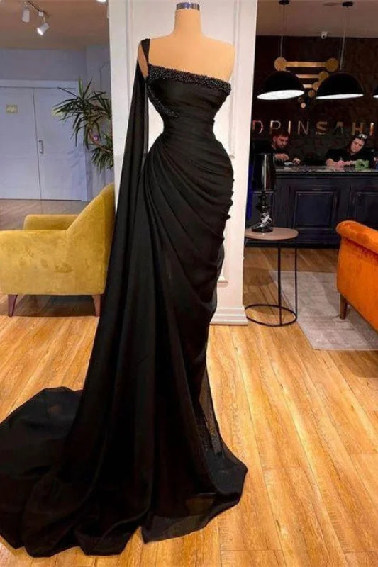 evening dress for prom-Black Mermaid Prom Dress with Ruffles and Beads