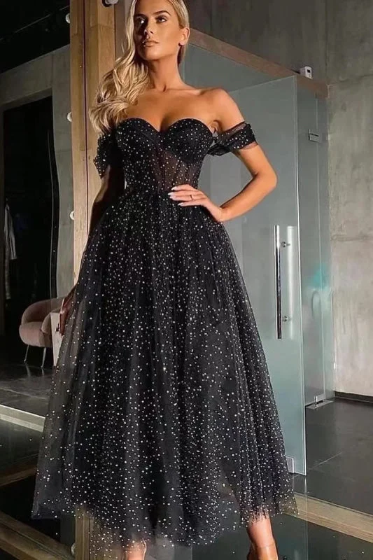 beaded evening dress-Black Off-the-Shoulder Sweetheart A-Line Tulle Beaded Prom Dress