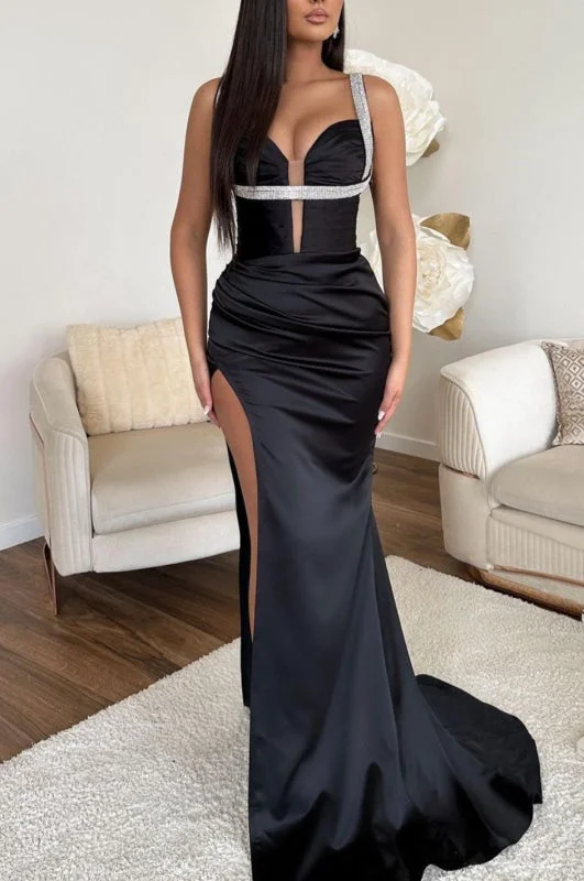 high neck formal evening dress-Black Sleeveless Spaghetti-Strap V-Neck Mermaid Prom Dress with High Slit