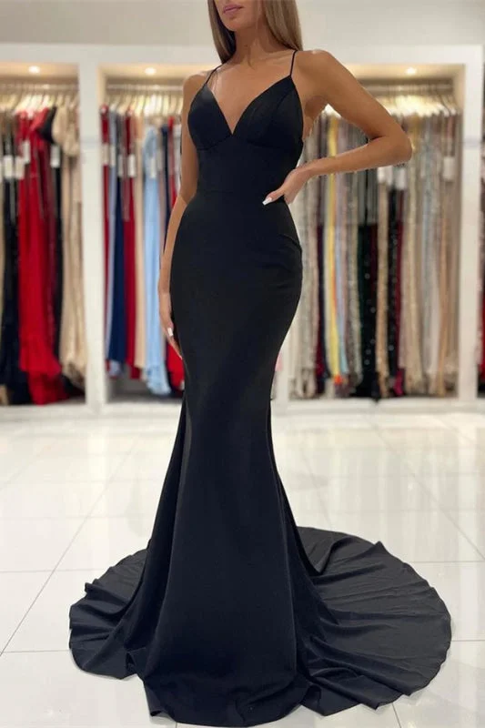 lace evening gown-Black Spaghetti-Straps Charmeuse Mermaid Long Prom Dress