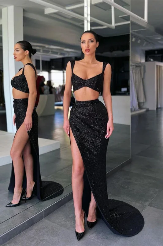 bodycon evening dress-Black Two-Piece Mermaid Straps Prom Dress with Sequins and Split