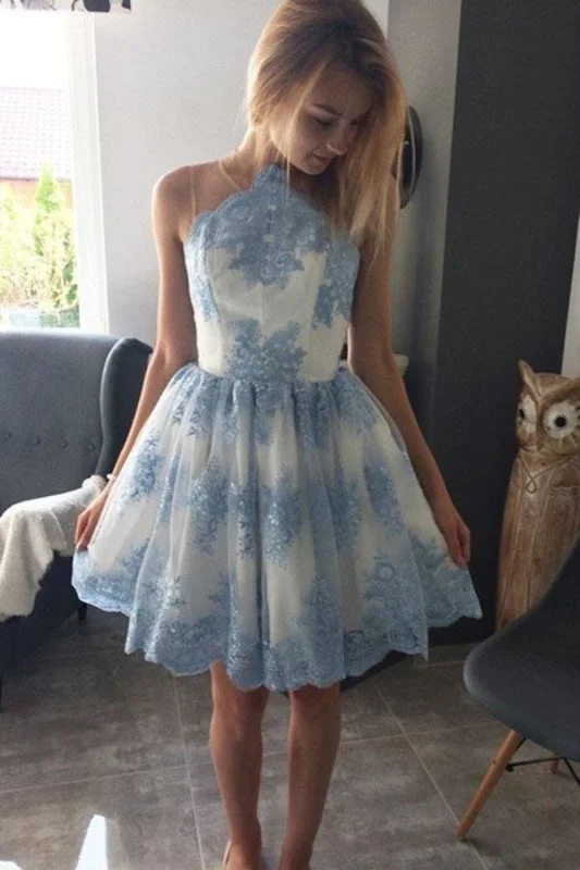 evening dress with crystal embellishments-Blue Lace Appliqued Mini Homecoming A Line Sleeveless Tulle Short Prom Dress