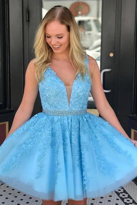 sequined formal evening dress-Blue Lace Beaded Sash A Line Sleeveless Tulle Short Homecoming Dresses