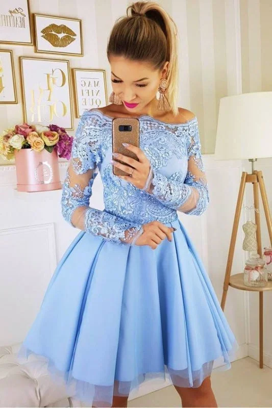 evening dress with embroidery-Blue Off the Shoulder Lace Appliqued Tulle Homecoming Dress with Long Sleeves