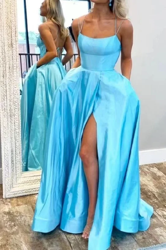 evening dress with floral lace-Blue Prom Dresses Double Straps with Slit