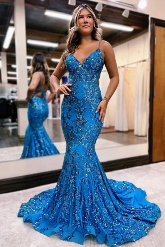 sequined formal evening dress-Blue Sequined Appliqued Sleeveless Spaghetti-Straps Mermaid Prom Dress