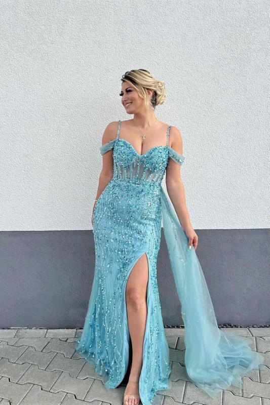 lace evening gown-Blue Spaghetti-Straps Ruffled Mermaid Prom Dress with Split and Beadings