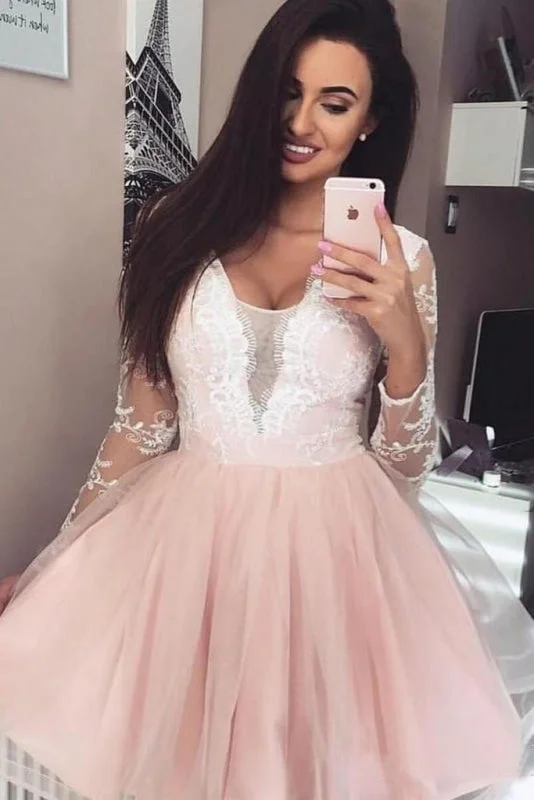 evening dress with cape-Blush Pink Prom Dresses Lace Tulle Long Sleeve Short Homecoming Dress