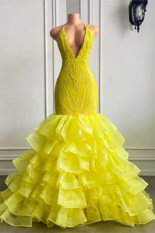 formal evening gown-Bright Yellow V-Neck Halter Lace Mermaid Prom Dress with Ruffle