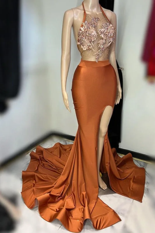 navy blue evening gown-Brown Sleeveless Halter Long Prom Dress with Appliques and High Slit