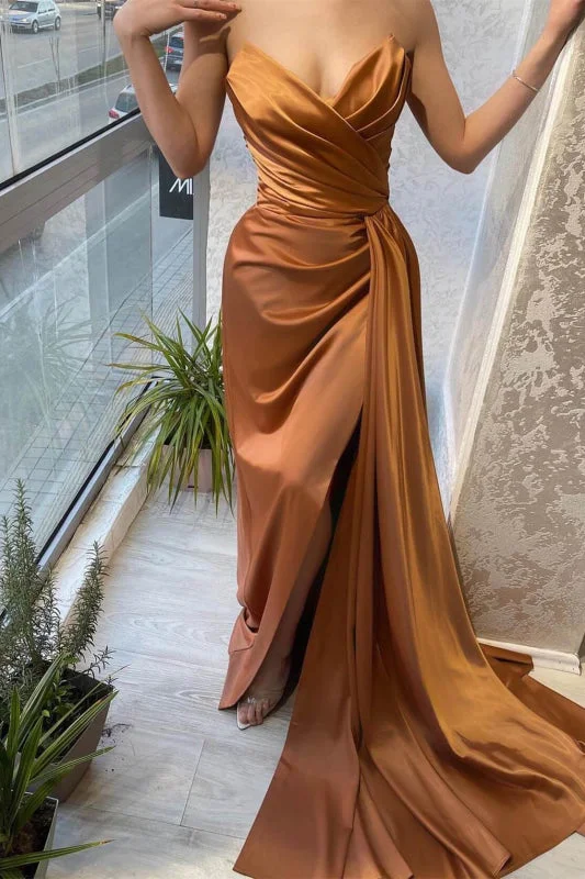 evening gown for formal events-Brown Sweetheart Sleeveless Mermaid Prom Dress with Split and Ruffles