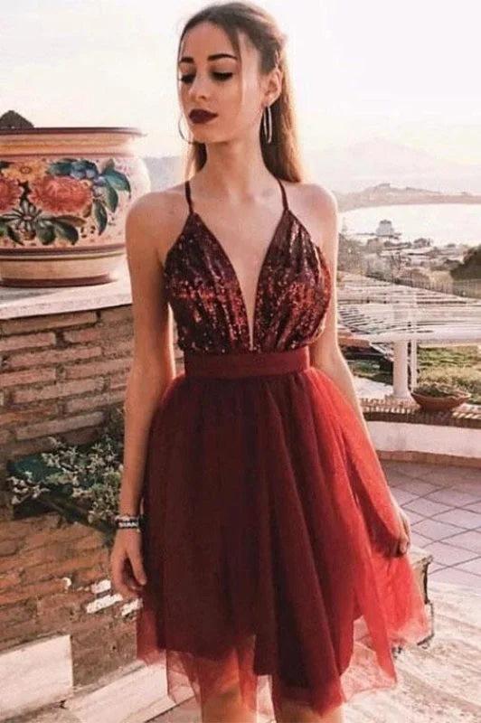 formal evening gown-Burgundy Deep V Neck Tulle Homecoming with Sequins A Line Graduation Dress