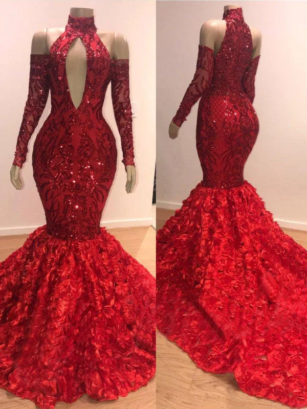 velvet long evening dress-Burgundy High Collar Long Sleeve Sequined Mermaid Prom Dress