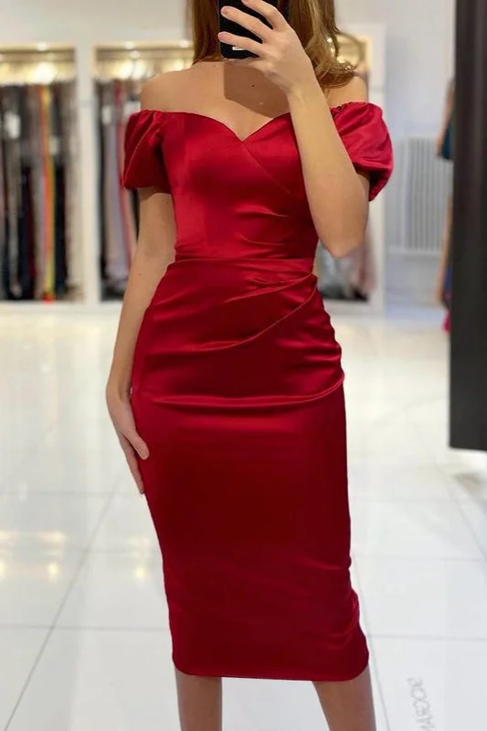 elegant ball gown evening dress-Burgundy Off-the-Shoulder Short Prom Dress