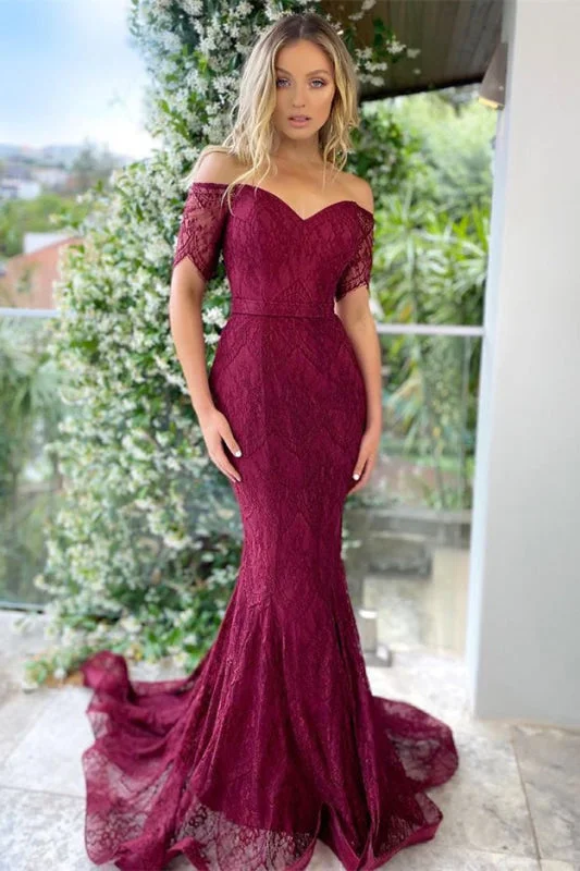 metallic evening dress-Burgundy Off-the-Shoulder Short Sleeve Appliqued Mermaid Prom Dress