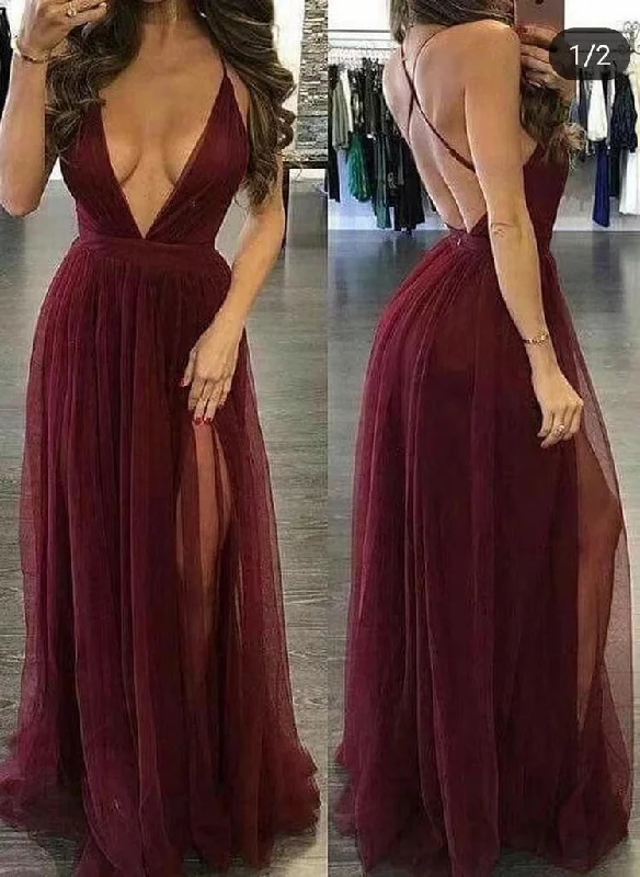 spaghetti strap evening dress-Burgundy Prom Dresses Spaghetti Straps Tulle with Slit Side