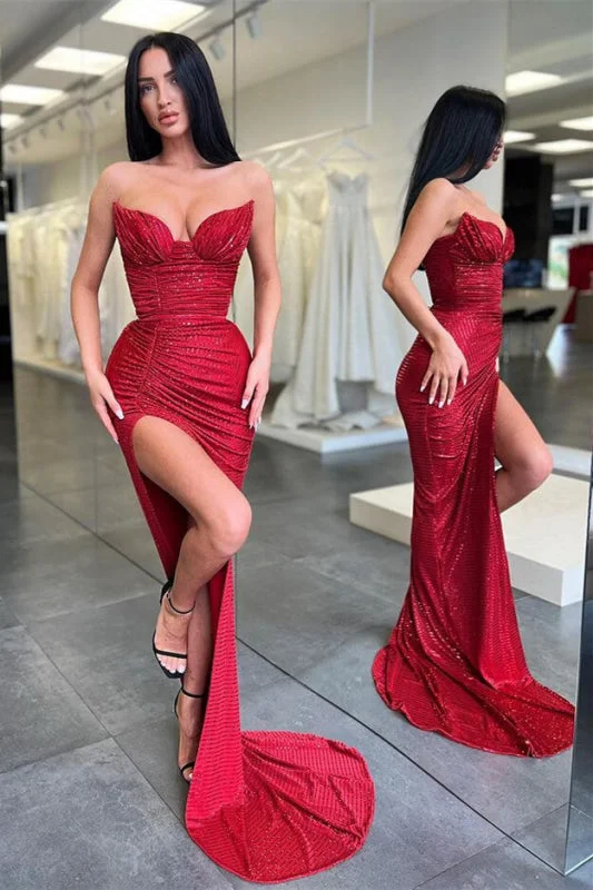 sleeveless evening dress-Burgundy Sleeveless Long Sequined Mermaid Prom Dress with Split