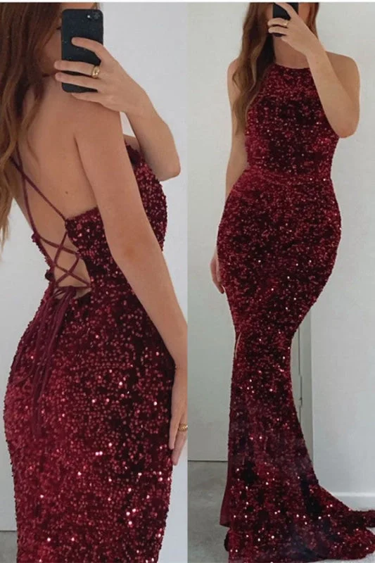 ball gown evening dress-Burgundy Sleeveless Sequined Mermaid Prom Dress