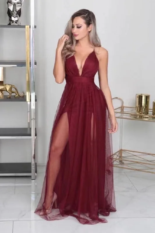 pleated evening gown-Burgundy V Neck Prom Dresses with Slit Side