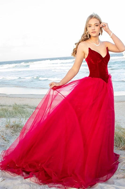 elegant white evening dress-Burgundy Velvet V-Neck Tulle Prom Dress